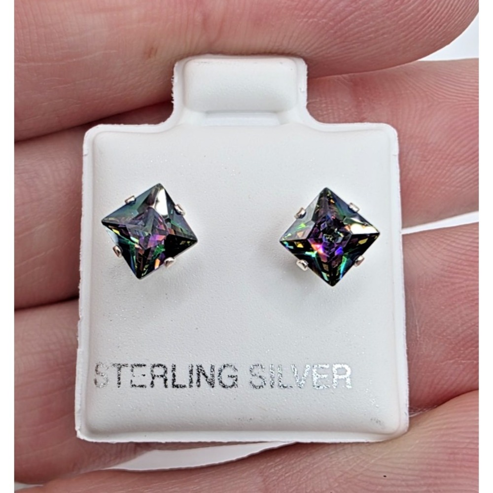 Mystic Topaz Princess‎ Prong Sterling Silver 925 Stud Earrings 1.25 Carats NWOT
